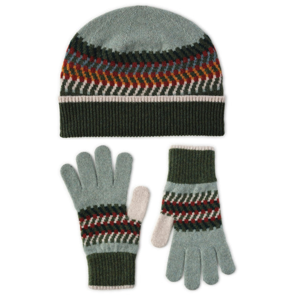 Ladies Patterned Wool Beanie Hat and Gloves Set | Corra | Lomond - Forest Green