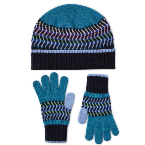 Ladies Patterned Wool Beanie Hat and Gloves Set | Corra | Lomond - Navy Blue