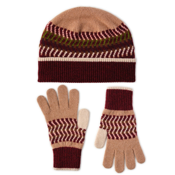 Ladies Patterned Wool Beanie Hat and Gloves Set | Corra | Lomond - Wine Red