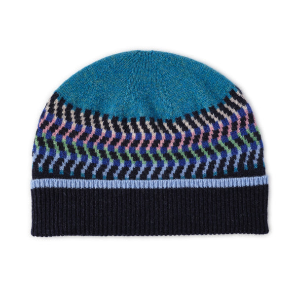 Ladies Patterned Wool  Beanie Hat | Corra | Lomond - Navy Blue