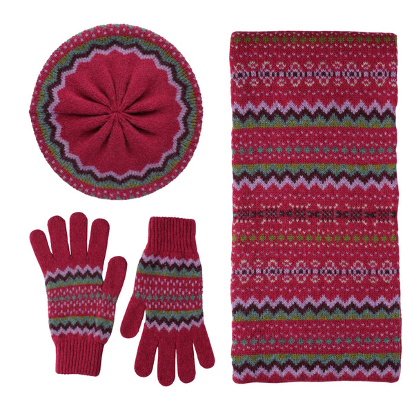 Fairisle Patterned Christmas Ladies Scarf Gloves and Beret Set - Pure Lambswool - Pink